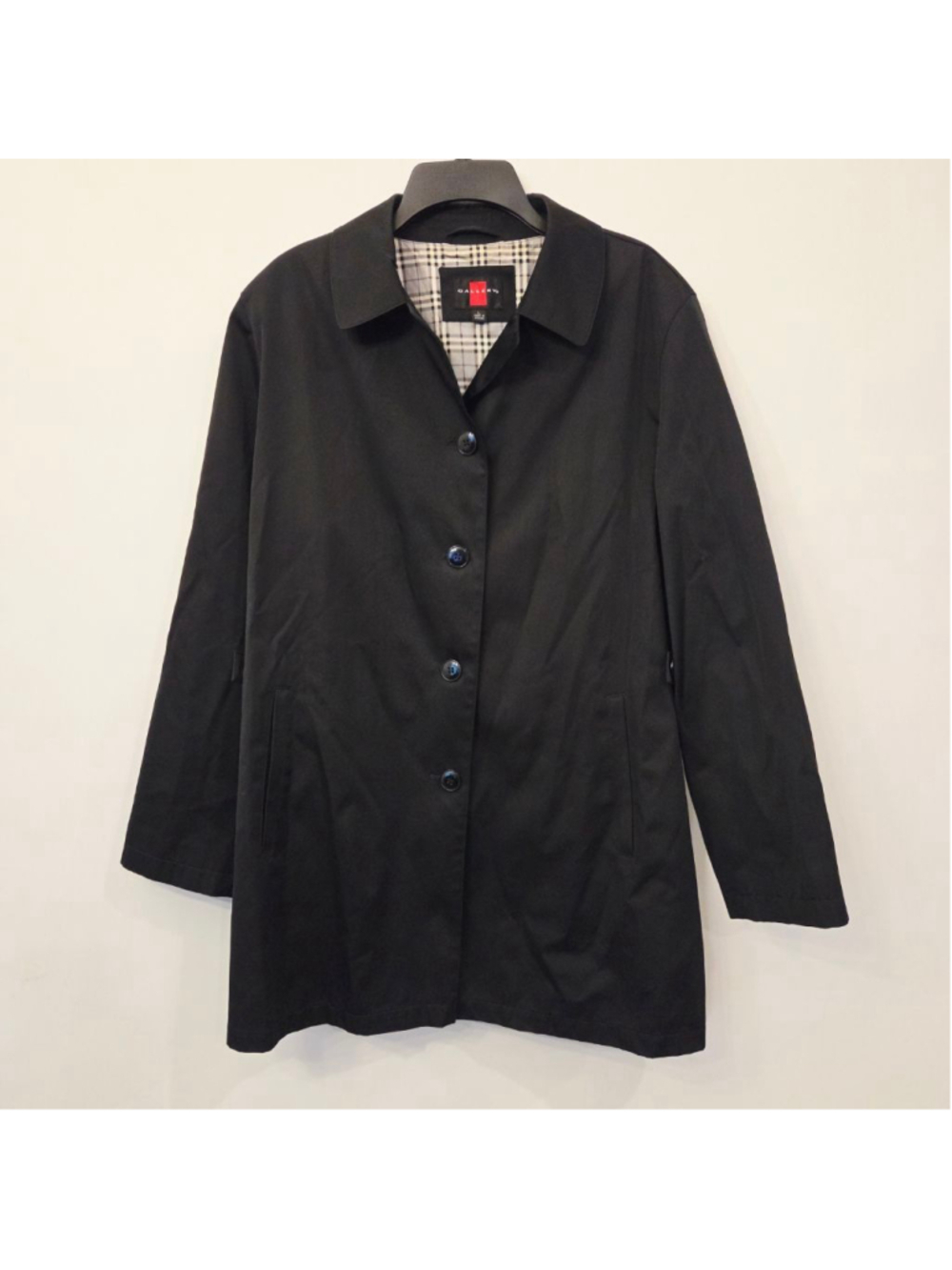 GALLERY Women's Black Trench Coat with Plaid Lining size Large
